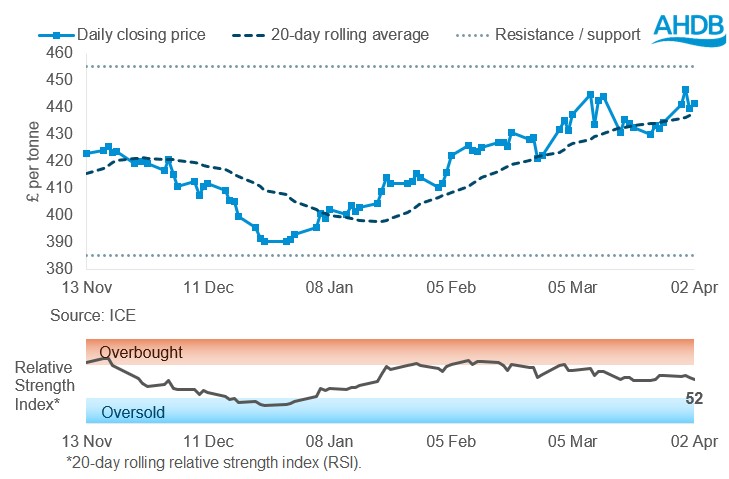 Line graph showing Paris rapeseed futures prices, May-26 contract (£/tonne).